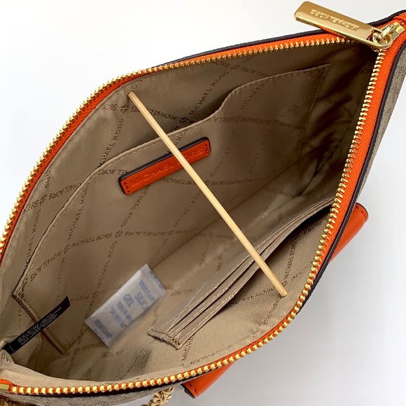 Michael Kors Jet Set LG 2 in 1 card case wristlet Wallet POPPY BROWN SIGNATURE - Picture 7 of 16